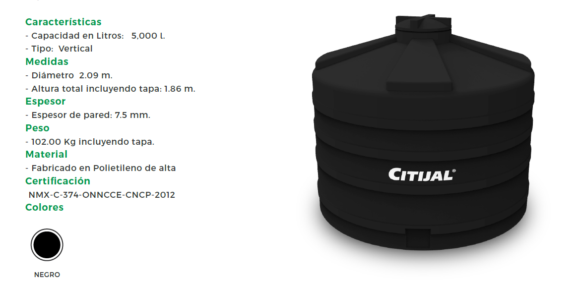 ficha tecnica de Cisterna Citijal negra de 5,000 litros rotoplas tanque distribuidores medidas costo precio de venta Guadalajra Zapopan